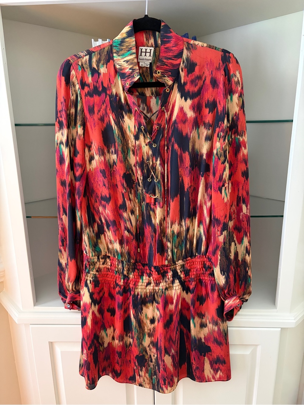 Haute Hippie Red Multi-Print Lace-Up Long Sleeve Dress